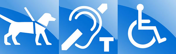 Three accessibility symbols are shown on a blue background and are intended to be used to indicate the availability of accessibility features.